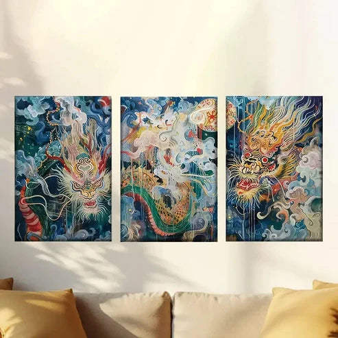 3pcs Colorful Abstract New Year Dragon Wall Art Set Canvas Unframed – High Quality Print 100% Australian Made Wall Canvas