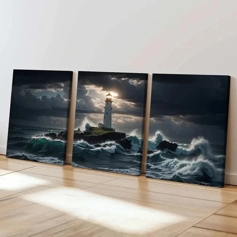 3pcs Sea Lighthouse Wave Island Vintage Wall Art Set Canvas Framed 40x60cm - High Quality Print 100% Australian Made Wall Canvas Ready to Hang
