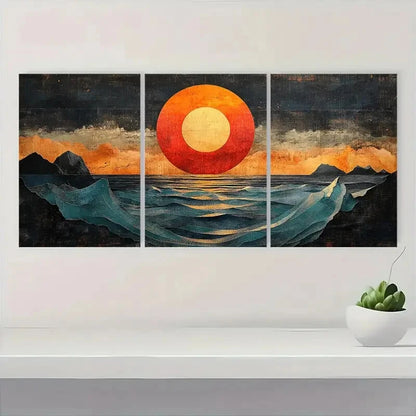 3pcs Abstract Ocean Vibrant Sunset & Wave Design Metal Print Ready to Hang Art