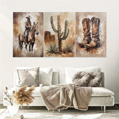 3pcs Vintage Cowboy Painting Wall Art Set Canvas Framed 50x70cm – High Quality Print, 100% Australian Made, Ready to Hang