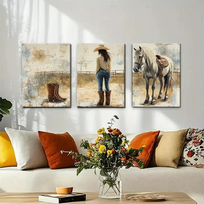 3pcs Western Cowgirl Rustic Country Perfect Wall Art Canvas Unframed - High Quality Print 100% Australian Made Wall Canvas