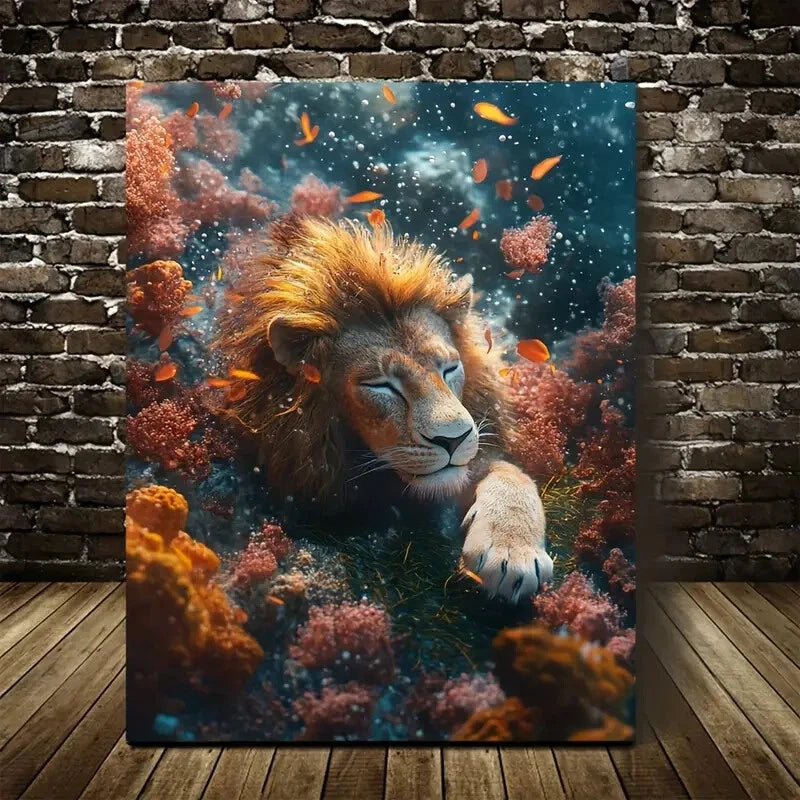 Surreal Lion Underwater Scene with Coral Painting 40x60cm Metal Print Ready to Hang