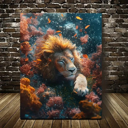 Surreal Lion Underwater Scene with Coral Painting 40x60cm Metal Print Ready to Hang