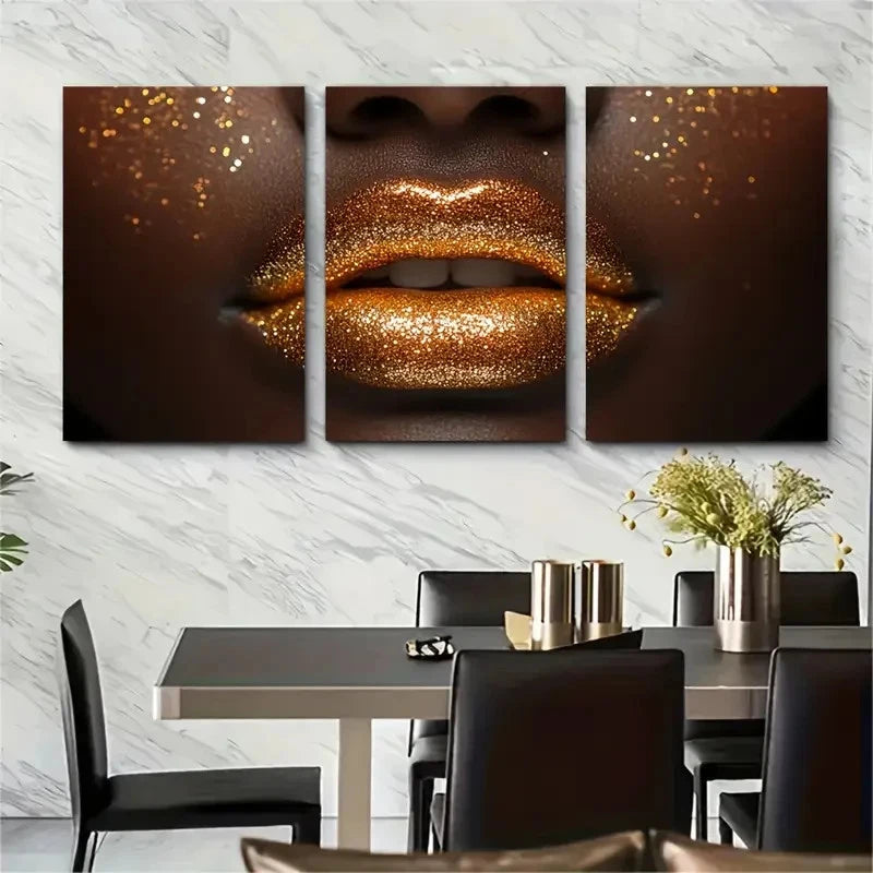 3pcs Woman In Golden Sparkles Lips Décor Perfect  Wall Art Set Canvas Framed 40x60cm - High Quality Print 100% Australian Made Wall Canvas Ready to Hang