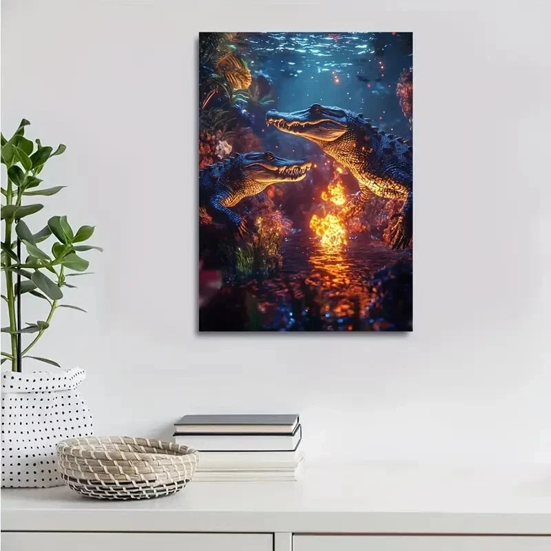 Dreamlike Underwater Crocodile Scene With Glowing 40x60cm Metal Print Ready to Hang