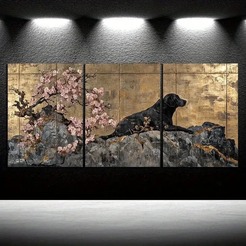 3pcs Dogs in The Flowers Pink Vintage Metal Print Ready to Hang Art