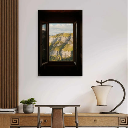 Green Mountain Ridge Window View Alpine Cliff 40x60cm Metal Print Ready to Hang
