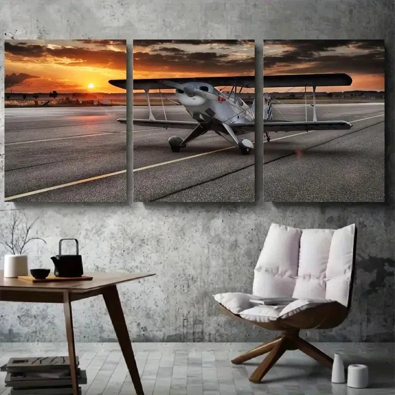 3pcs Vibrant Airplane Sunset Colors Metal Print Ready to Hang Art