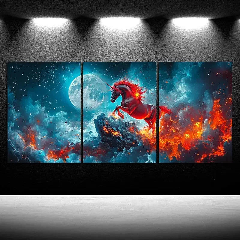 3pcs Fantasy Horse and Moonlight Scene Metal Print Ready to Hang Art