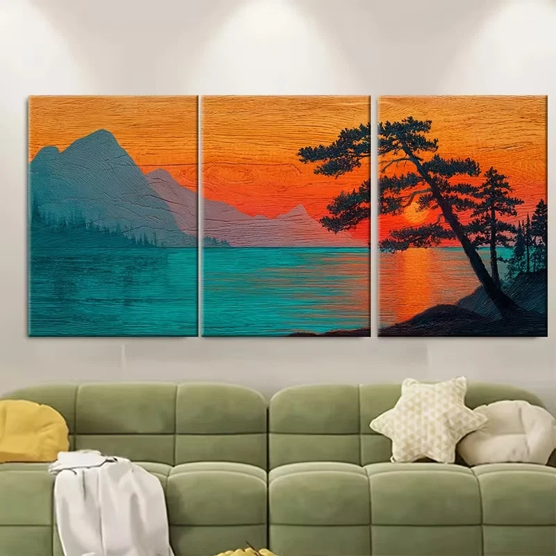3pcs Sunset Mountain & Ocean Scenery with Trees Metal Print Ready to Hang Art