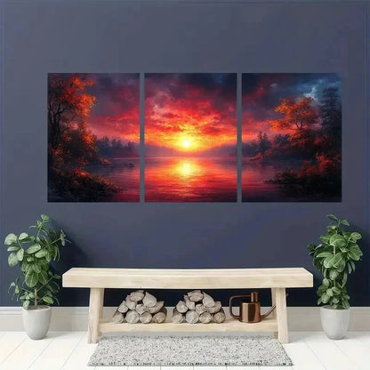 3pcs Serene Lake Sunset & Forest Scenery Wall Art Set Canvas Framed 40x60cm - High Quality Print 100% Australian Made Wall Canvas Ready to Hang