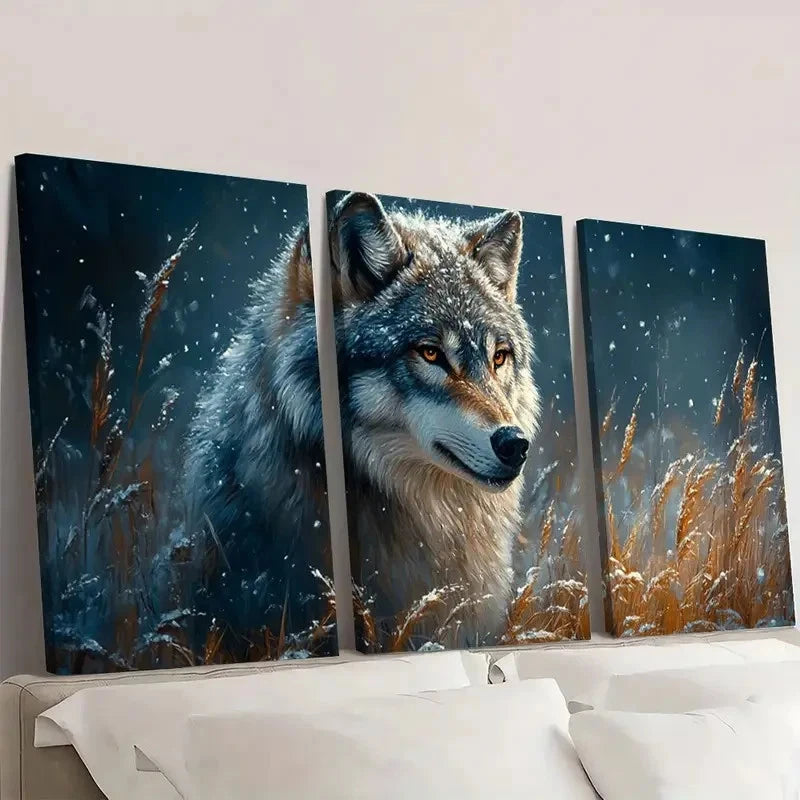 3pcs Shaped Animal Theme Wolf Snow Wall Art Set Canvas Framed 50x70cm - High Quality Print 100% Australian Made Wall Canvas Ready to Hang