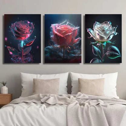 3pcs Beautiful Crystal Rose Bouquet Metal Print Ready to Hang Art