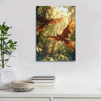 Vibrant Parrot Scene In Bamboo Grove Painting 40x60cm Metal Print Ready to Hang