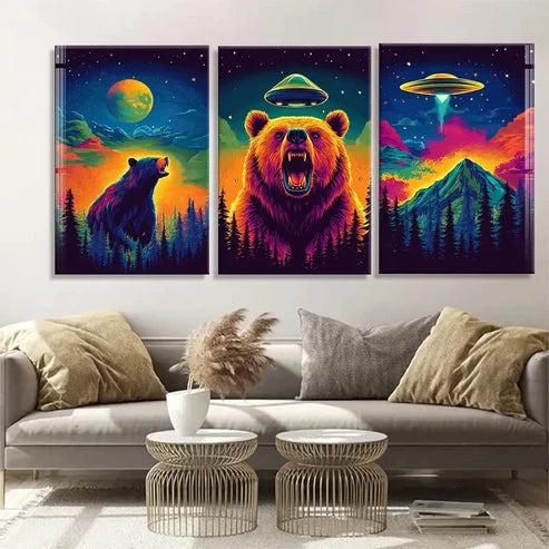 3pcs Wild Bear UFO and Cosmic Landscape Perfect Wall Art Canvas Unframed – High Quality Print 100% Australian Made Wall Canvas