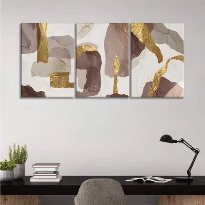 3pcs Abstract Brown And Golden Foil Wall Art Set Canvas Framed 60x90cm - High Quality Print 100% Australian Made Wall Canvas Ready to Hang