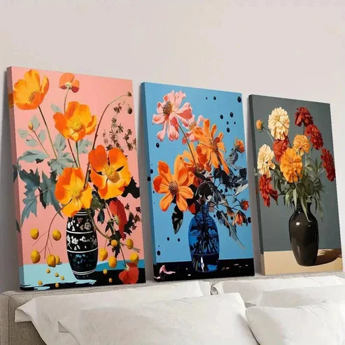 3pcs Colorful Botanical Flowers in Vases Wall Art Set Canvas Unframed - High Quality Print 100% Australian Made Wall Canvas