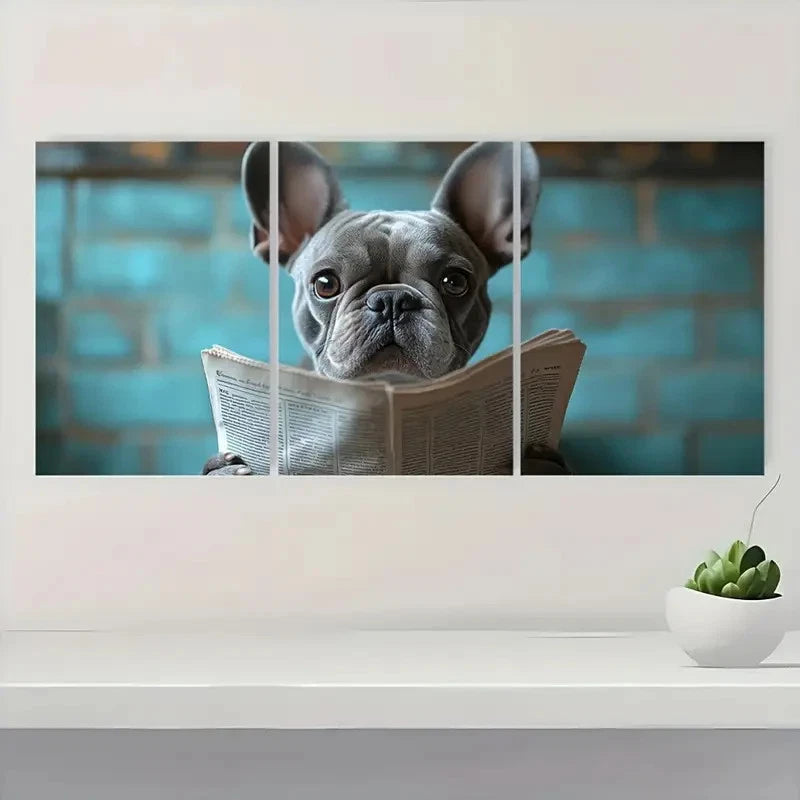 3pcs Humorous Dog Reading Newspaper ART Wall Art Set Canvas Framed 50x70cm - High Quality Print 100% Australian Made Wall Canvas Ready to Hang