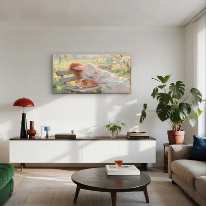 Woman and Cat Sleeping on Bench Wall Art Canvas Office Home Framed 120x60cm