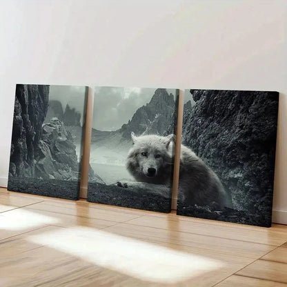 3pcs White Wolf & Mountain Landscape Wall Art Set Canvas Framed 40x60cm - High Quality Print 100% Australian Made Wall Canvas Ready to Hang