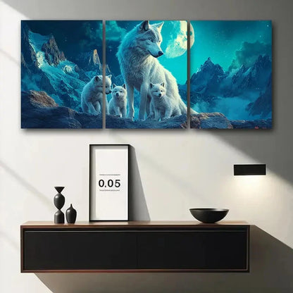 3pcs White Wolf Family Blue Animal Themed Print Ready to Hang Art
