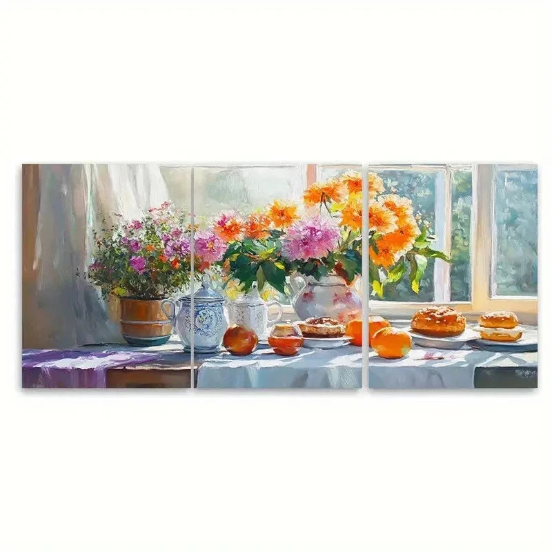 3pcs Life Breakfast Scene Painting G Wall Art Set Canvas Framed 50x70cm - High Quality Print 100% Australian Made Wall Canvas Ready to Hang