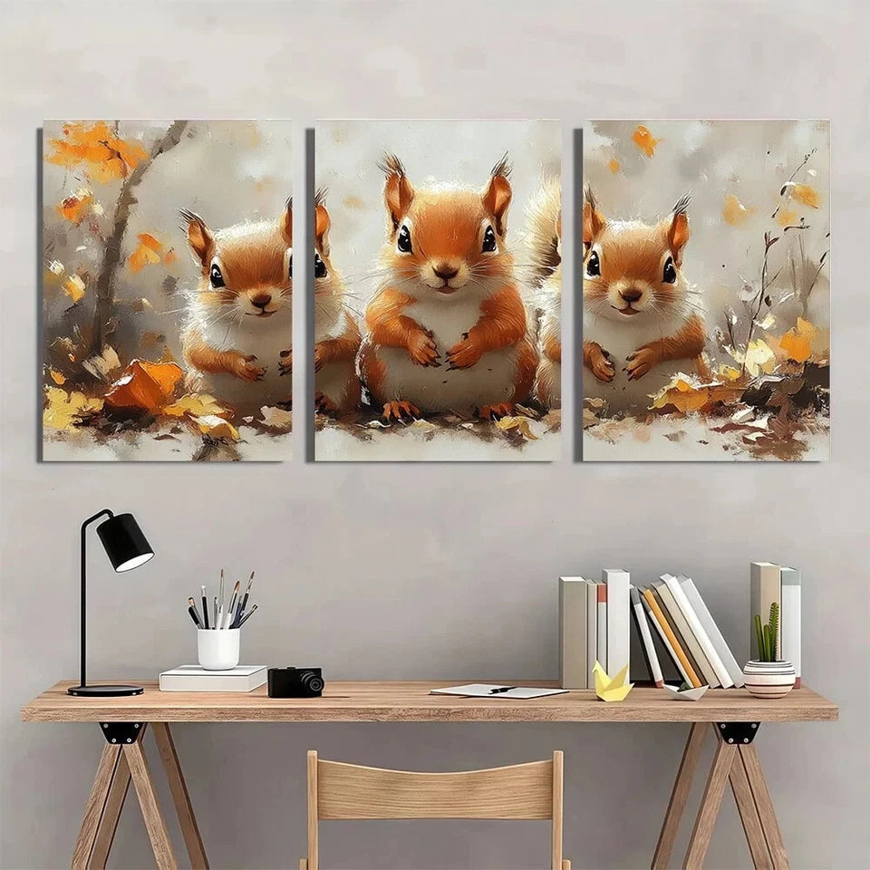 3pcs Adorable Red Squirrel Family Metal Print Ready to Hang Art