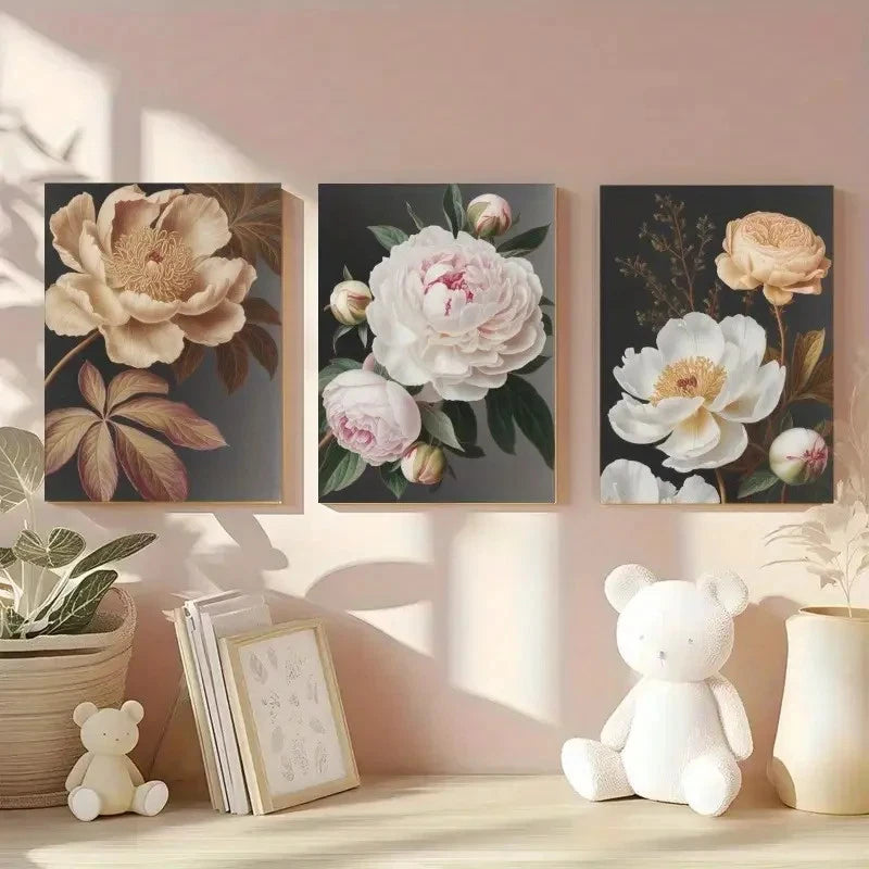 3pcs Peony Flowers Dark Leaves Floral Painting Metal Print Ready to Hang Art