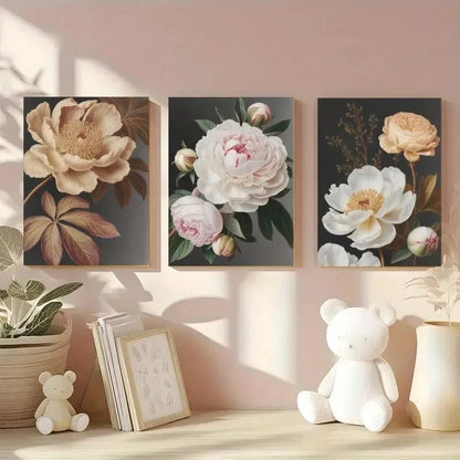 3pcs Peony Flowers Dark Leaves Floral Painting Metal Print Ready to Hang Art