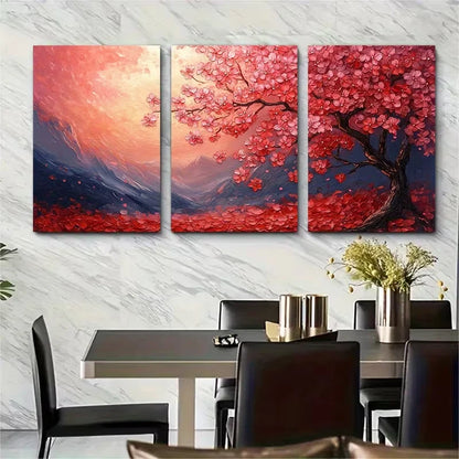 3pcs Vibrant Cherry Blossom Themed Metal Print Ready to Hang Art