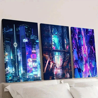 3pcs Vibrant Neon Futuristic Skylines Wall Art Set Canvas Framed 50x70cm - High Quality Print 100% Australian Made Wall Canvas Ready to Hang