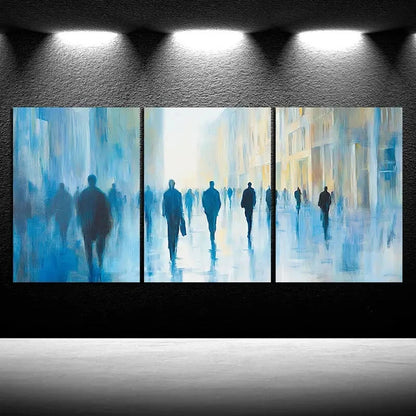 3pcs Chariots and Crowds on the Square Blue Themed Metal Print Ready to Hang Art