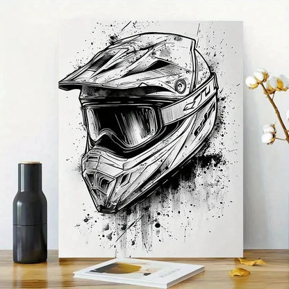 Black And White Drawing Motorcycle Helmet 40x60cm Metal Print Ready to Hang