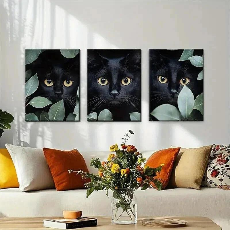 3pcs Mysterious Black Cat Feline Eyes Perfect Wall Art Set Canvas Framed 40x60cm - High Quality Print 100% Australian Made Wall Canvas Ready to Hang