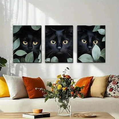 3pcs Mysterious Black Cat Feline Eyes Perfect Wall Art Set Canvas Framed 40x60cm - High Quality Print 100% Australian Made Wall Canvas Ready to Hang