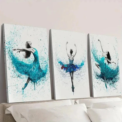 3pcs Blue Color Splashing Ballet Dance Wall Art Canvas Unframed – High Quality Print 100% Australian Made Wall Canvas