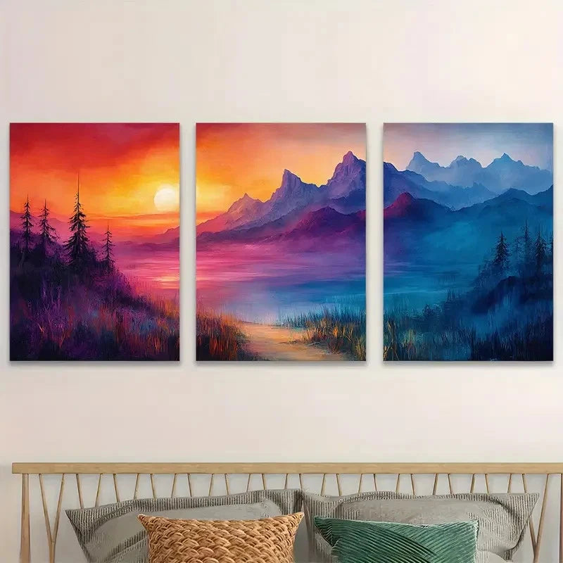 3pcs Vibrant Mountain Landscape Triptych At Sun Wall Art Set Canvas Framed 60x90cm - High Quality Print 100% Australian Made Wall Canvas Ready to Hang