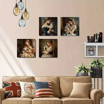 4pcs Elegant Lady Holding Cat Wall Art Canvas Framed