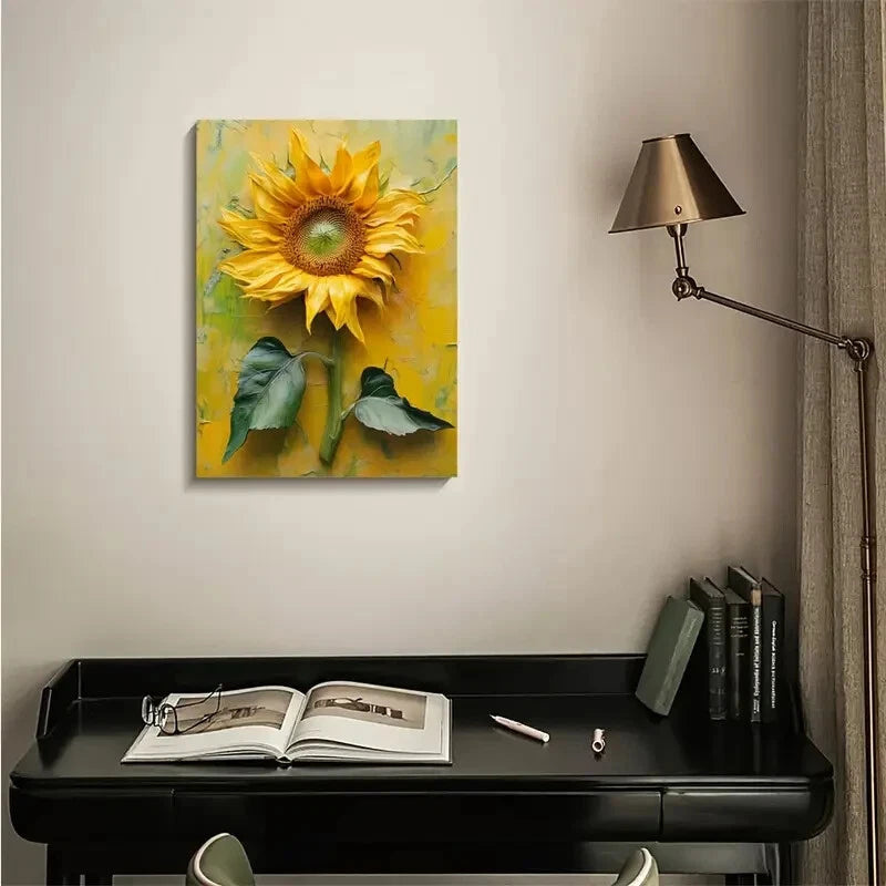 Vibrant Yellow Petals & Green Leaves Painting 40x60cm Metal Print Ready to Hang