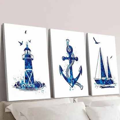 3pcs Navy Blue Lighthouse Sailboat Anchor Wall Art Canvas Unframed – High Quality Print 100% Australian Made Wall Canvas