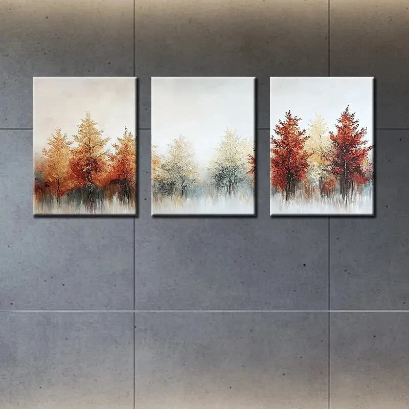 3pcs Elegant Trees Autumn Forest Scene with Golden Metal Print Ready to Hang Art