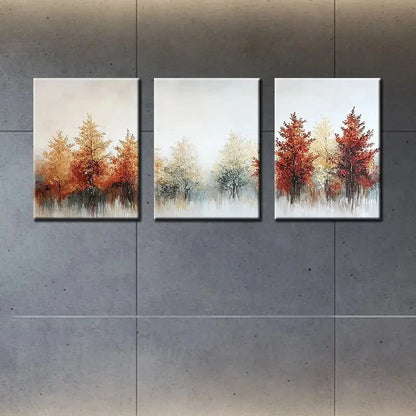 3pcs Elegant Trees Autumn Forest Scene with Golden Metal Print Ready to Hang Art