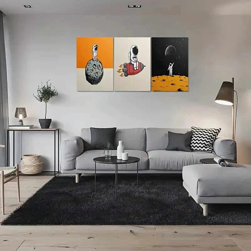 3pcs Vibrant Orange Black & White Designs Metal Print Ready to Hang Art