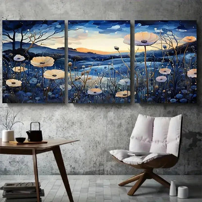 3pcs Blue and White Poppy Flower Metal Print Ready to Hang Art