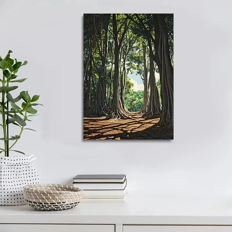 Vibrant Banyan Forest Scene with Lush Green Painting  40x60cm Metal Print Ready to Hang