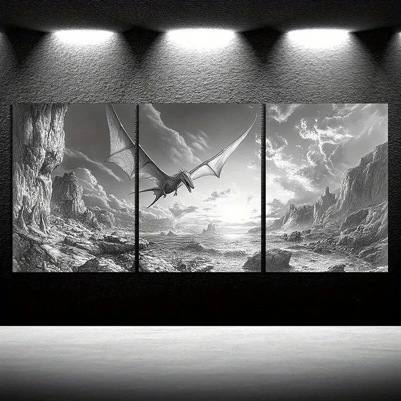 3pcs Dragons Flying On The Coast Black & White Metal Print Ready to Hang Art