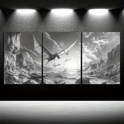 3pcs Dragons Flying On The Coast Black & White Metal Print Ready to Hang Art