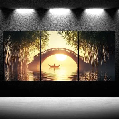 3pcs The Boatman Under the Stone Arch Bridge Metal Print Ready to Hang Art