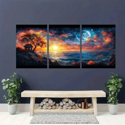 3pcs Enchanting Cosmic Night Sky Landscape Wall Art Set Canvas Framed 40x60cm - High Quality Print 100% Australian Made Wall Canvas Ready to Hang