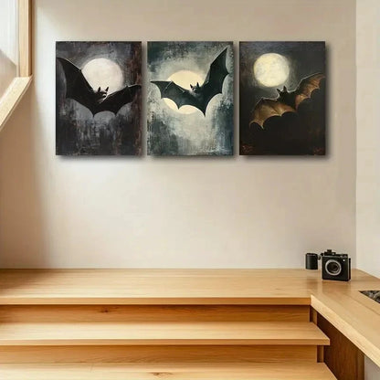 3pcs Bat Design Moonlit Sky Dark Gothic Art Metal Print Ready to Hang Art